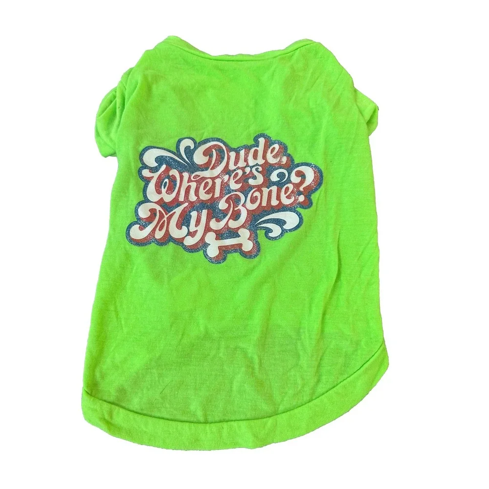 Dude‎ Where's My Bone Lime Green Graphic Pet T-Shirt Retro Glitter Dog Tee NEW